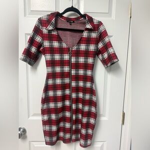Fashion Nova Red & White Plaid Zip-Front Mini Dress